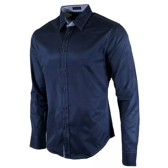 Black Men's long Sleeve Button down Shirt navy - Picture 3 of 9